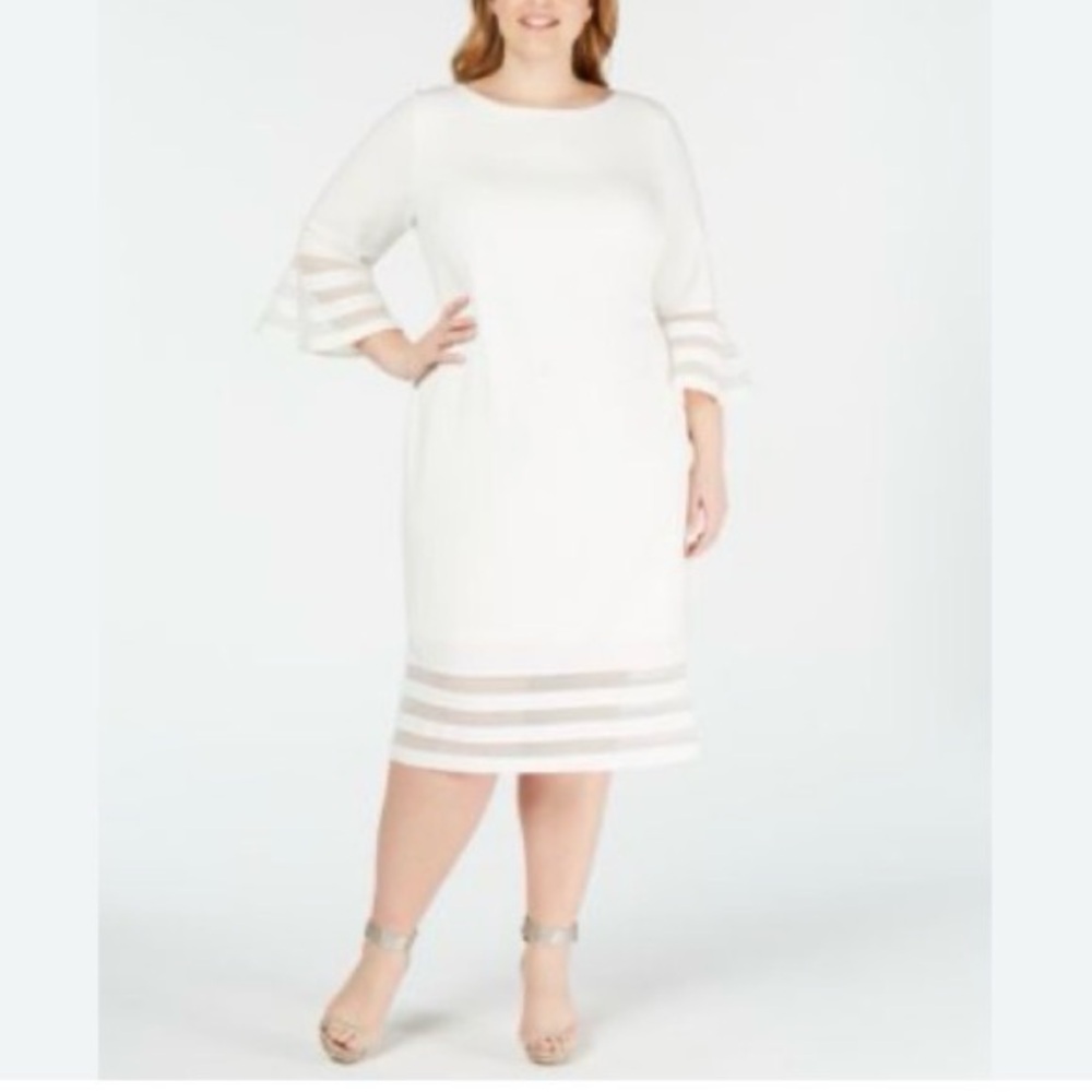 Calvin Klein White Midi Sheath  Dress with Sheer Stripe Accents